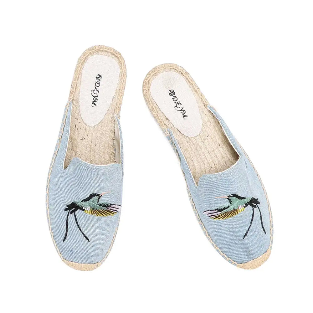 Denim Floral Espadrille Mules