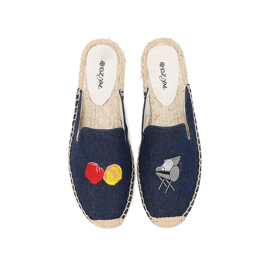 Denim Floral Espadrille Mules